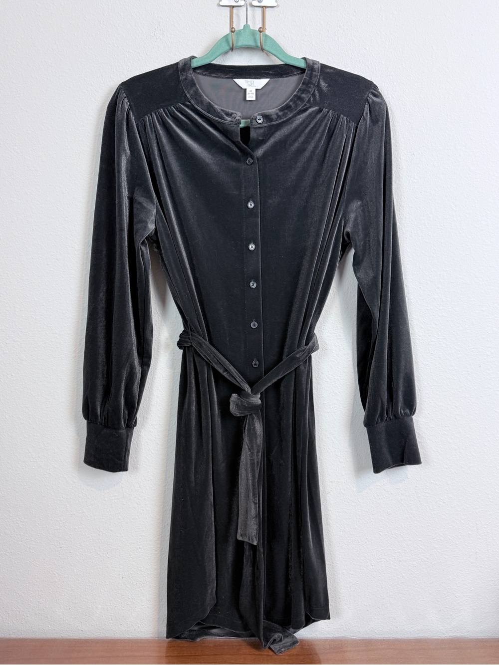 Time & Tru Charcoal Grey Velvet Button-Front Tie-Waist Dress M